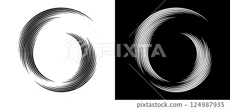 Abstract background with lines in circle form. Art design spiral as logo or icon. A black figure on a white background and an equally white figure on the black side. Abstract background with lines in circle form. Art design spiral as logo or icon. A black figure on a white background and an equally white figure on the black side. 124987935
