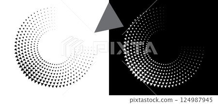 Abstract background with triangles in circle. Art design spiral as logo or icon. A black figure on a white background and an equally white figure on the black side. Abstract background with triangles in circle. Art design spiral as logo or icon. A black figure on a white background and an equally white figure on the black side. 124987945