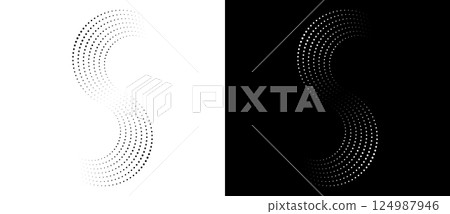 Spiral as halftone dotted abstract infinity symbol. Black shape S letter on a white background and the same white shape on the black side. 124987946