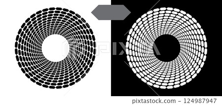 Abstract background with hexagons in circle. Art design spiral as logo or icon. A black figure on a white background and an equally white figure on the black side. Abstract background with hexagons in circle. Art design spiral as logo or icon. A black figure on a white background and an equally white figure on the black side. 124987947
