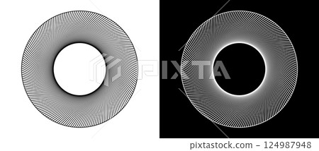 Art sun concept background. Tattoo template or logo with lines. Black shape on a white background and the same white shape on the black side. 124987948