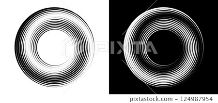 Abstract background with lines in circle. Art design spiral as logo or icon. A black figure on a white background and an equally white figure on the black side. Abstract background with lines in circle. Art design spiral as logo or icon. A black figure on a white background and an equally white figure on the black side. 124987954