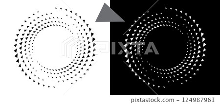 Abstract background with triangles in circle. Art design spiral as logo or icon. A black figure on a white background and an equally white figure on the black side. Abstract background with triangles in circle. Art design spiral as logo or icon. A black figure on a white background and an equally white figure on the black side. 124987961