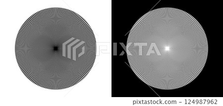 Art sun background. Design element template or logo, icon with lines. Black shape on a white background and the same white shape on the black side. 124987962