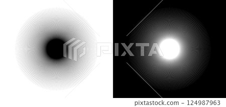 Art sun background. Design element template or logo, icon with lines. Black shape on a white background and the same white shape on the black side. 124987963