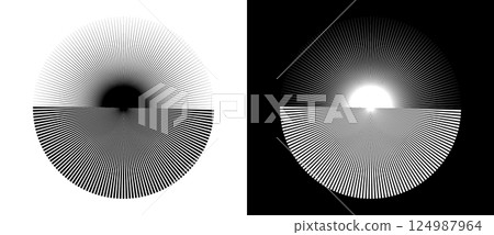 Art sun background. Design element template or logo, icon with lines. Black shape on a white background and the same white shape on the black side. Art sun background. Design element template or logo, icon with lines. Black shape on a white background and the same white shape on the black side. 124987964