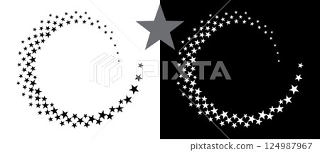 Abstract background with stars in circle. Art design spiral as logo or icon. A black figure on a white background and an equally white figure on the black side. Abstract background with stars in circle. Art design spiral as logo or icon. A black figure on a white background and an equally white figure on the black side. 124987967