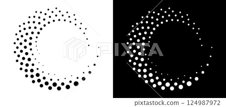 Modern abstract background. Halftone dots in spiral form. Round logo, design element or icon. Vector dotted frame. A black figure on a white background and an equally white figure on the black side. 124987972