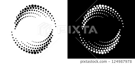 Circle abstract background with dynamic halftone dots in spiral. Yin and yang style. Black shape on a white background and the same white shape on the black side. Circle abstract background with dynamic halftone dots in spiral. Yin and yang style. Black shape on a white background and the same white shape on the black side. 124987978