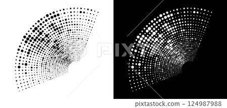 Halftone circle part, abstract dots logo emblem design element for any project. A black figure on a white background and an equally white figure on the black side. Halftone circle part, abstract dots logo emblem design element for any project. A black figure on a white background and an equally white figure on the black side. 124987988