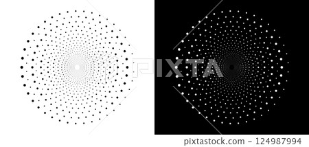 Modern abstract background. Halftone dots in circle form. Round logo, design element or icon. Vector dotted frame. A black figure on a white background and an equally white figure on the black side. 124987994