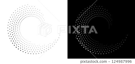 Modern abstract background. Halftone dots in spiral form. Round logo, design element or icon. Vector dotted frame. A black figure on a white background and an equally white figure on the black side. Modern abstract background. Halftone dots in spiral form. Round logo, design element or icon. Vector dotted frame. A black figure on a white background and an equally white figure on the black side. 124987996