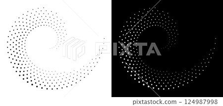 Modern abstract background. Halftone dots in spiral form. Round logo, design element or icon. Vector dotted frame. A black figure on a white background and an equally white figure on the black side. Modern abstract background. Halftone dots in spiral form. Round logo, design element or icon. Vector dotted frame. A black figure on a white background and an equally white figure on the black side. 124987998
