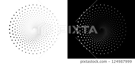 Modern abstract background. Halftone dots in circle. Round logo. Vector dotted spiral. Design element or icon. Black dots on a white background and white dots on the black side. Modern abstract background. Halftone dots in circle. Round logo. Vector dotted spiral. Design element or icon. Black dots on a white background and white dots on the black side. 124987999