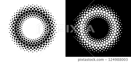 Modern abstract background. Halftone dots in circle form. Round logo, design element or icon. Vector dotted frame. A black figure on a white background and an equally white figure on the black side. 124988003