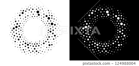 Modern abstract background. Halftone dots in circle form. Round logo, design element or icon. Vector dotted frame. A black figure on a white background and an equally white figure on the black side. Modern abstract background. Halftone dots in circle form. Round logo, design element or icon. Vector dotted frame. A black figure on a white background and an equally white figure on the black side. 124988004