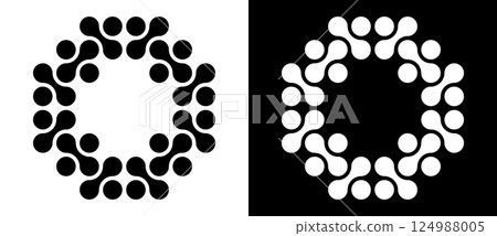 Abstract graphic design with dots like letter O. Technology logo, icon or symbol, molecule concept. Black shape on a white background and the same white shape on the black side. 124988005