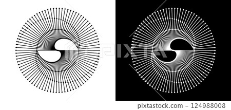 Spiral with lines as dynamic abstract vector background or logo or icon. Yin and Yang symbol. Black spiral on white background and white spiral on black background. 124988008