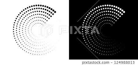Modern abstract background. Halftone dots in spiral form. Round logo, design element or icon. Vector dotted frame. A black figure on a white background and an equally white figure on the black side. Modern abstract background. Halftone dots in spiral form. Round logo, design element or icon. Vector dotted frame. A black figure on a white background and an equally white figure on the black side. 124988013