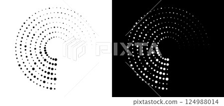 Modern abstract background. Halftone dots in spiral form. Round logo, design element or icon. Vector dotted frame. A black figure on a white background and an equally white figure on the black side. Modern abstract background. Halftone dots in spiral form. Round logo, design element or icon. Vector dotted frame. A black figure on a white background and an equally white figure on the black side. 124988014