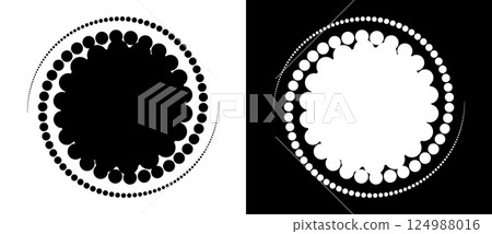 Circle abstract background with dynamic halftone dots in spiral. Yin and yang style. Black shape on a white background and the same white shape on the black side. Circle abstract background with dynamic halftone dots in spiral. Yin and yang style. Black shape on a white background and the same white shape on the black side. 124988016