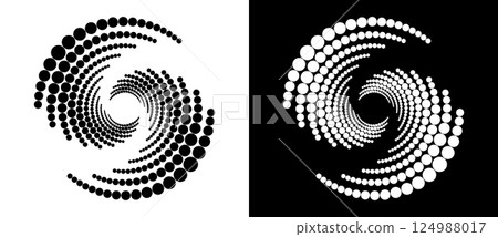 Circle abstract background with dynamic halftone dots in spiral. Yin and yang style. Black shape on a white background and the same white shape on the black side. Circle abstract background with dynamic halftone dots in spiral. Yin and yang style. Black shape on a white background and the same white shape on the black side. 124988017