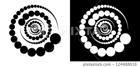 Circle abstract background with dynamic halftone dots in spiral. Yin and yang style. Black shape on a white background and the same white shape on the black side. Circle abstract background with dynamic halftone dots in spiral. Yin and yang style. Black shape on a white background and the same white shape on the black side. 124988018