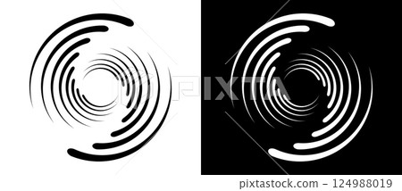 Spiral with lines as dynamic abstract vector background or logo or icon. Yin and Yang symbol. Black spiral on white background and white spiral on black background. Spiral with lines as dynamic abstract vector background or logo or icon. Yin and Yang symbol. Black spiral on white background and white spiral on black background. 124988019