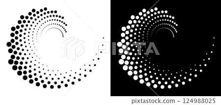 Modern abstract background. Halftone dots in spiral form. Round logo, design element or icon. Vector dotted frame. A black figure on a white background and an equally white figure on the black side. 124988025