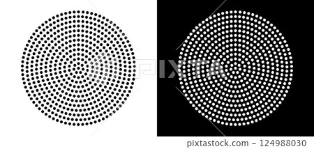 Modern abstract background. Halftone dots in circle form. Round logo, design element or icon. Vector dotted frame. A black figure on a white background and an equally white figure on the black side. 124988030