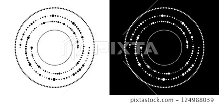 Modern abstract background. Halftone dots in circle form. Spiral logo, icon or design element. Black dots on a white background and white dots on the black side. Modern abstract background. Halftone dots in circle form. Spiral logo, icon or design element. Black dots on a white background and white dots on the black side. 124988039