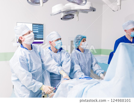 Arthroscope surgery. Orthopedic surgeons in teamwork in the operating room 124988101