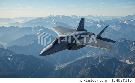 F-35 Lightning II flying high against a backdrop of alpine peaks. 124988116