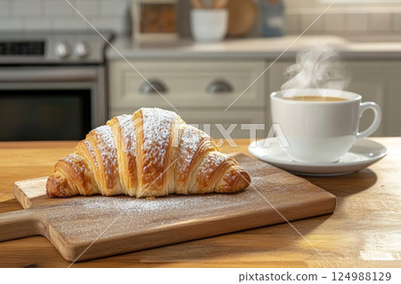 Freshly baked croissant sprinkled with powdered sugar is on a wooden cutting board, cup of coffee. 124988129