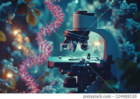 Close-up of a microscope equipment and macro image of DNA in an animated style. 124988130