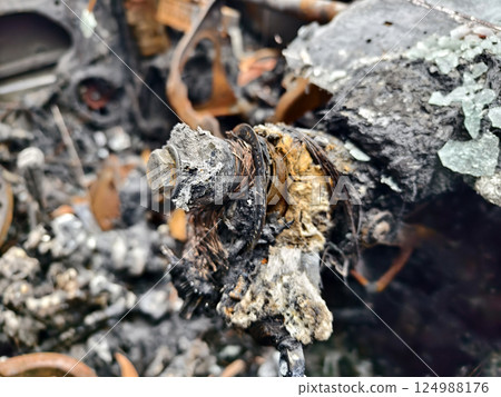 Charred remnants of a vehicle interior left behind after a devastating fire incident 124988176