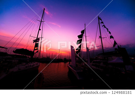 Beautiful view of marina and harbor with yachts and motorboats. 124988181