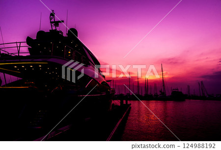 Beautiful view of marina and harbor with yachts and motorboats.  124988192