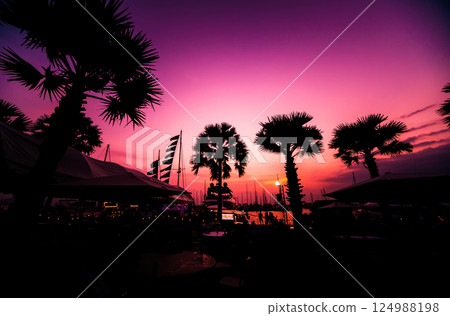 Beautiful view of marina and harbor with yachts and motorboats Beautiful view of marina and harbor with yachts and motorboats 124988198