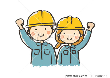 Male and female construction workers wearing work clothes, illustration of male and female workers posing with smiles 124988355