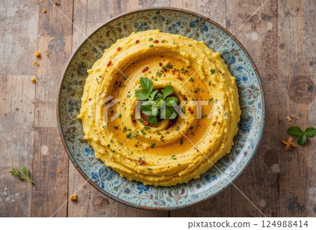 Pate of hummus, bright, on wooden background. 124988414