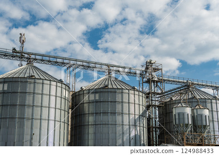 Large, metallic silos stand against a clear blue sky, showcasing a busy grain storage facility during the harvest period Large, metallic silos stand against a clear blue sky, showcasing a busy grain storage facility during the harvest period 124988433