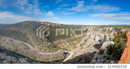 Scenic Mountain Valley with Lush Forests and River View Scenic Mountain Valley with Lush Forests and River View 124988550