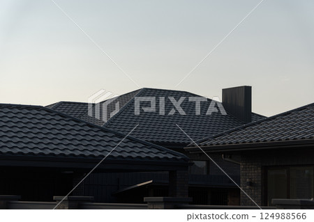 Dark roofs of contemporary houses stand out against the evening sky, showcasing unique architectural styles in a serene neighborhood 124988566