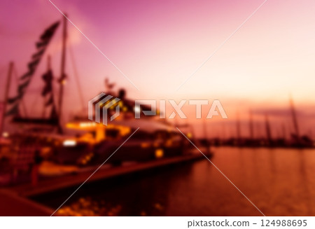 Beautiful view of marina and harbor with yachts and motorboats.  124988695
