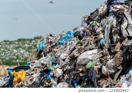 A massive heap of assorted garbage accumulates under clear skies, showcasing the ongoing challenge of waste disposal and recycling A massive heap of assorted garbage accumulates under clear skies, showcasing the ongoing challenge of waste disposal and recycling 124988947
