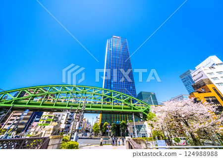 日本東京城市景觀：總武本線松津橋立體交叉橋上行駛的總武線、摩天大樓、櫻花等。 124988988