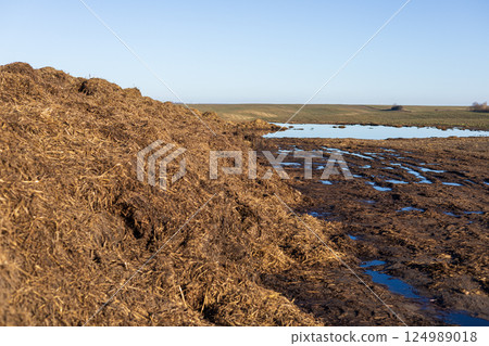 A large pile of organic fertilizer rests near a shallow waterbody, with open fields stretching in the background under clear skies A large pile of organic fertilizer rests near a shallow waterbody, with open fields stretching in the background under clear skies 124989018