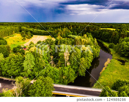 Brda river and Tuchola forest in Poland. Aerial view 124989286