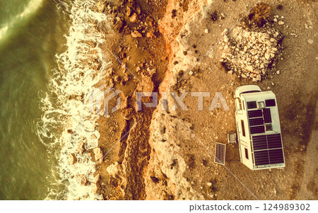 Rv caravan on spanish coast. Aerial view Rv caravan on spanish coast. Aerial view 124989302